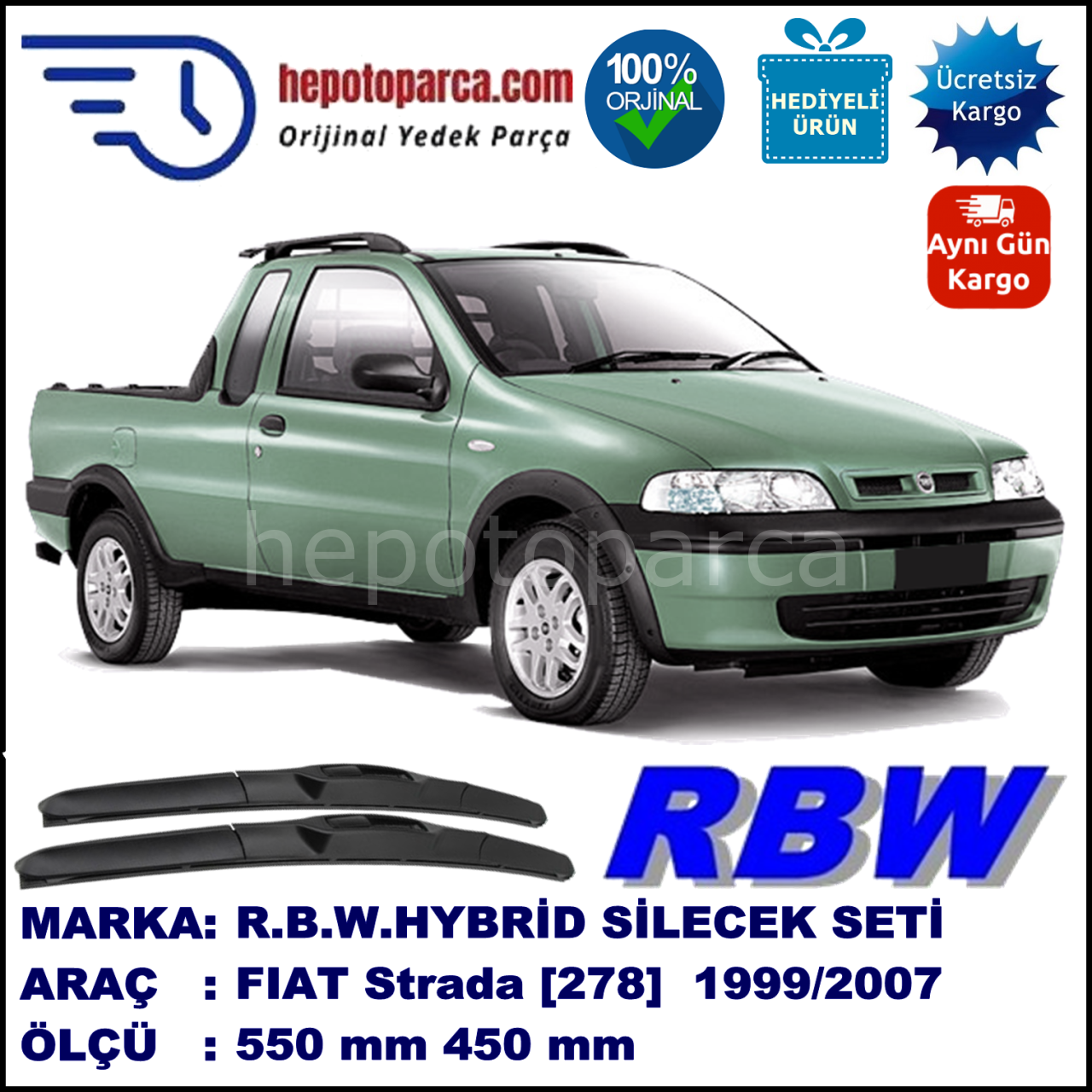 FIAT Strada [278] 03.99-... 550 / 450 mm. RBW Hybrid Silecek Seti. U Kanca Uyumlu Hibrit