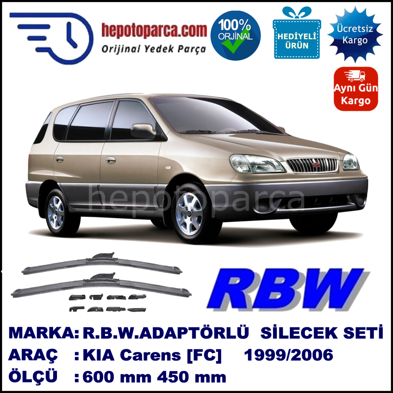 KIA Carens [FC] 04.1999-12.2006, 600 / 450 mm.  RBW  ADAPTÖRLÜ MUZ SİLECEK SETİ
