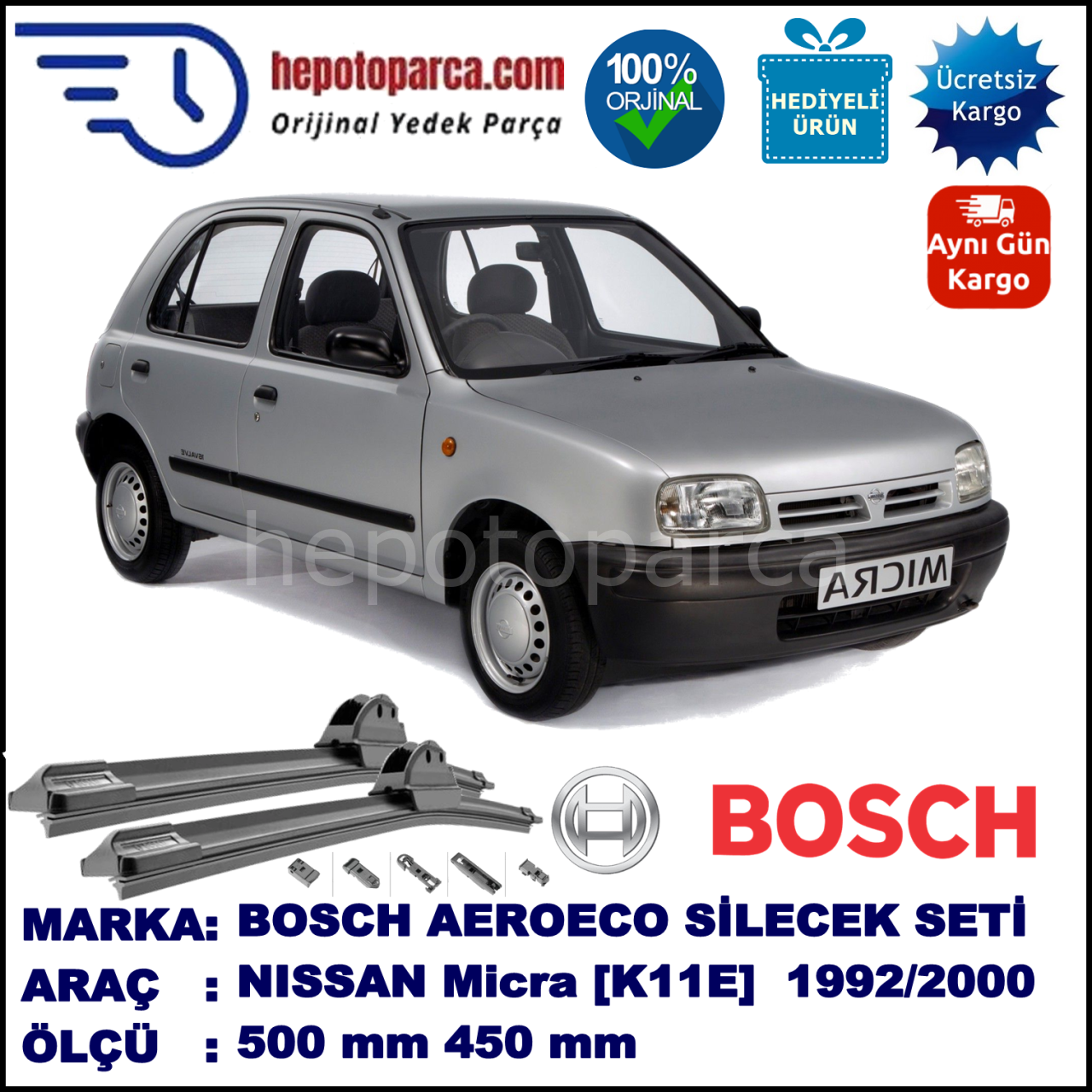 NISSAN Micra [K11E] 08.1992-06.2000, 500 / 450 mm. BOSCH AEROECO Aparatlı Muz Silecek