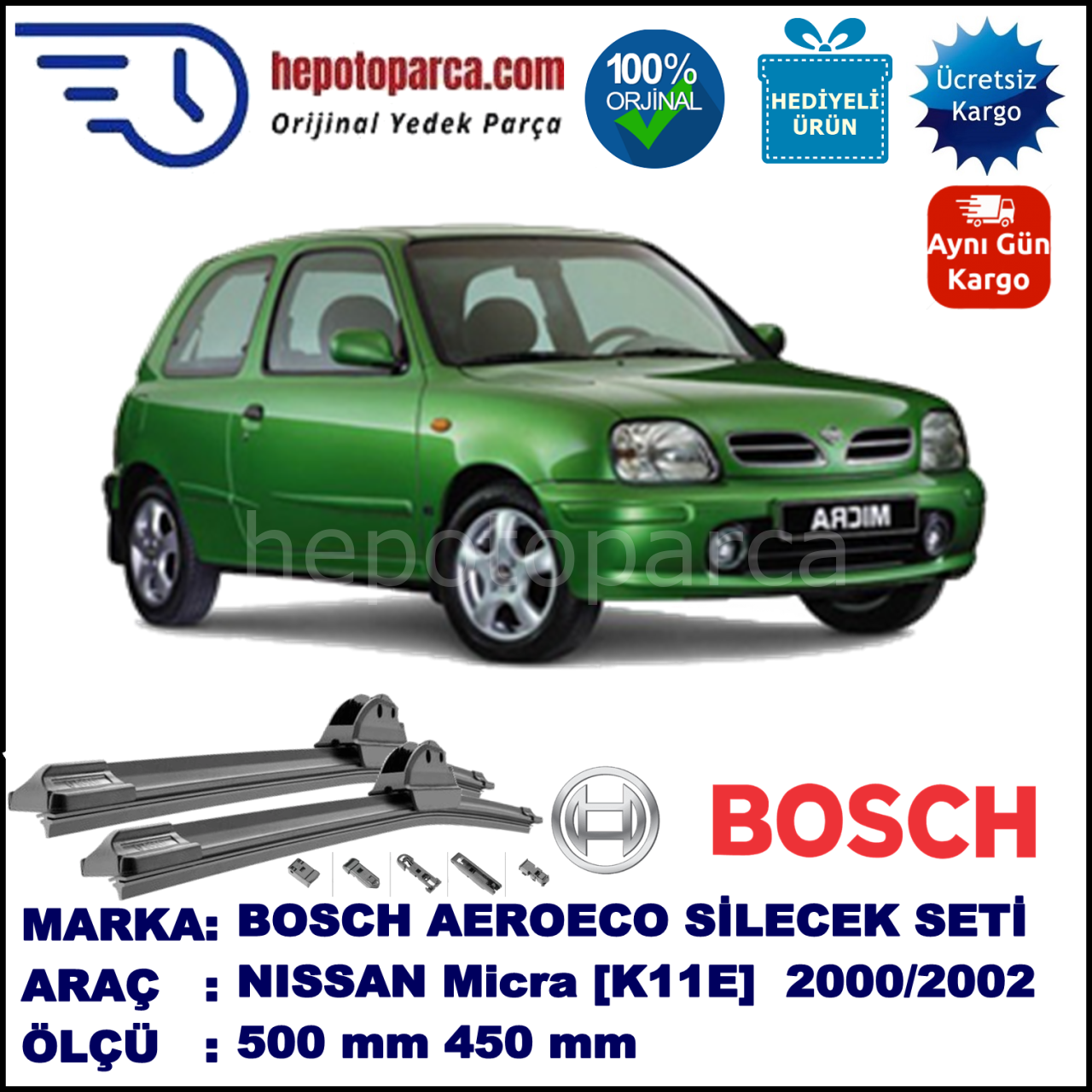 NISSAN Micra [K11E] 07.2000-10.2002, 500 / 450 mm. BOSCH AEROECO Aparatlı Muz Silecek
