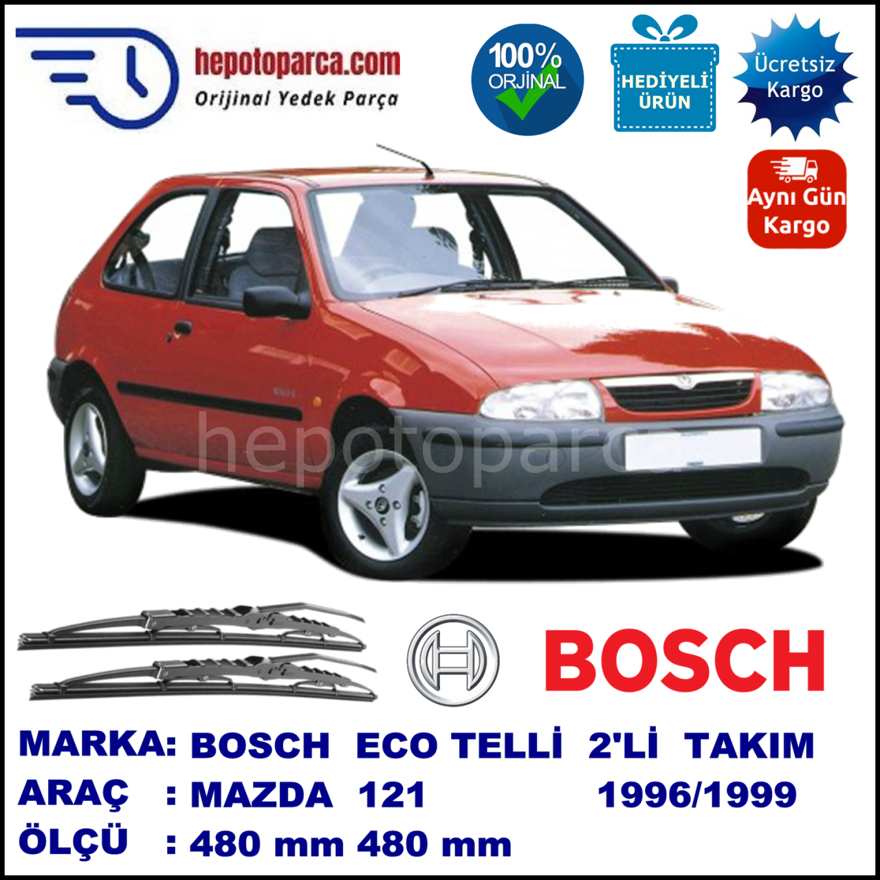 MAZDA 121 [JA/JB] 01.96-10.99 480 / 480 mm. BOSCH ECO Telli Silecek 2'li Takım