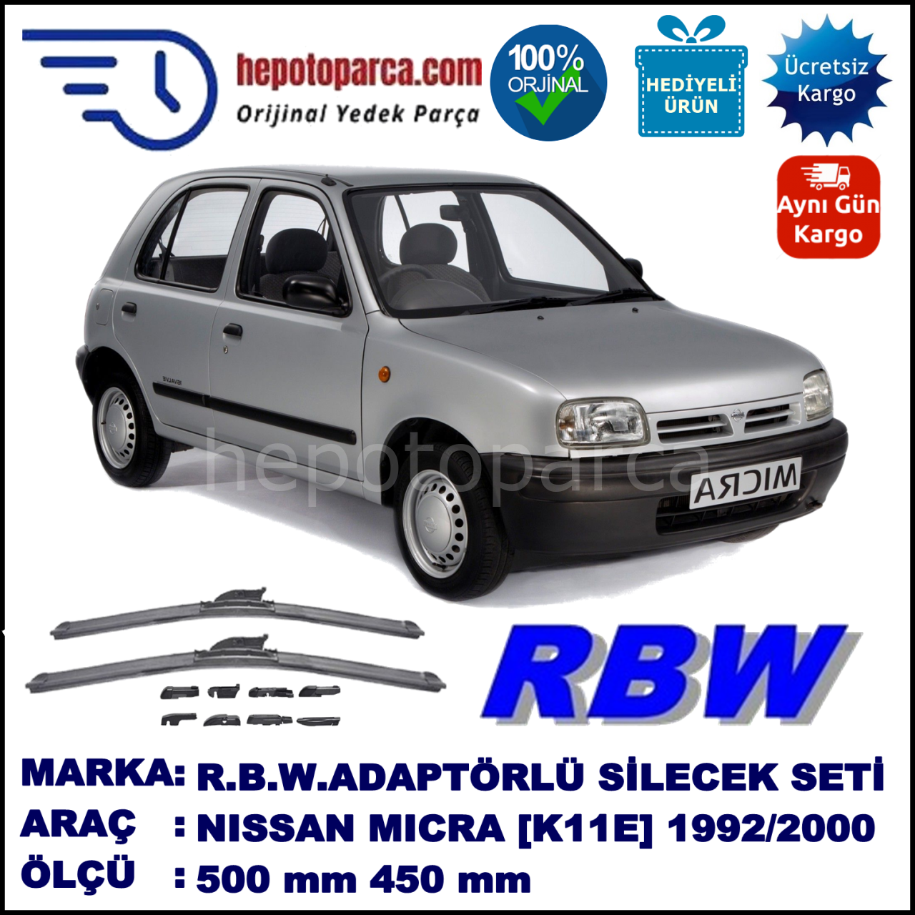 NISSAN Micra [K11E] 08.1992-06.2000, 500 / 450 mm.  RBW  ADAPTÖRLÜ MUZ SİLECEK SETİ