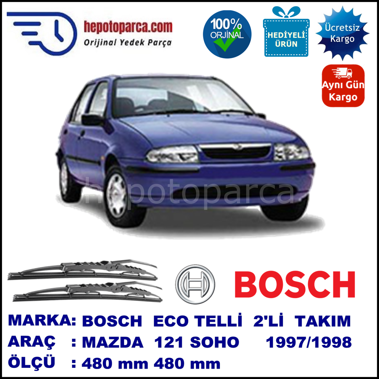 MAZDA 121 [Soho] 01.97-12.98 480 / 480 mm. BOSCH ECO Telli Silecek 2'li Takım
