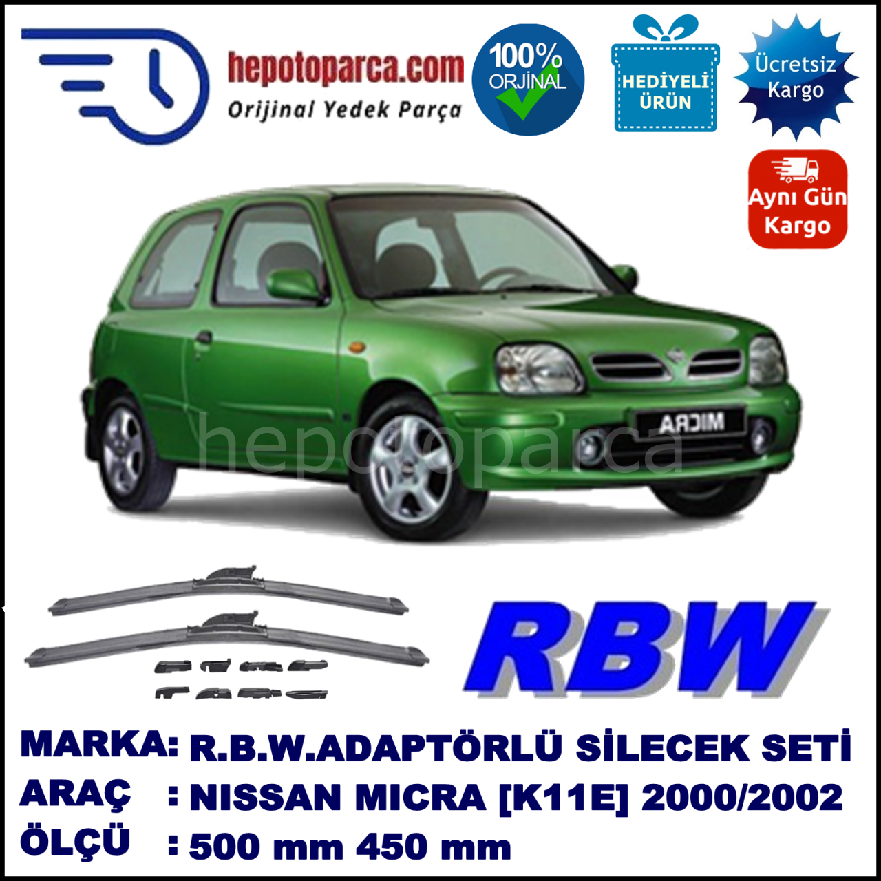 NISSAN Micra [K11E] 07.2000-10.2002, 500 / 450 mm.  RBW  ADAPTÖRLÜ MUZ SİLECEK SETİ