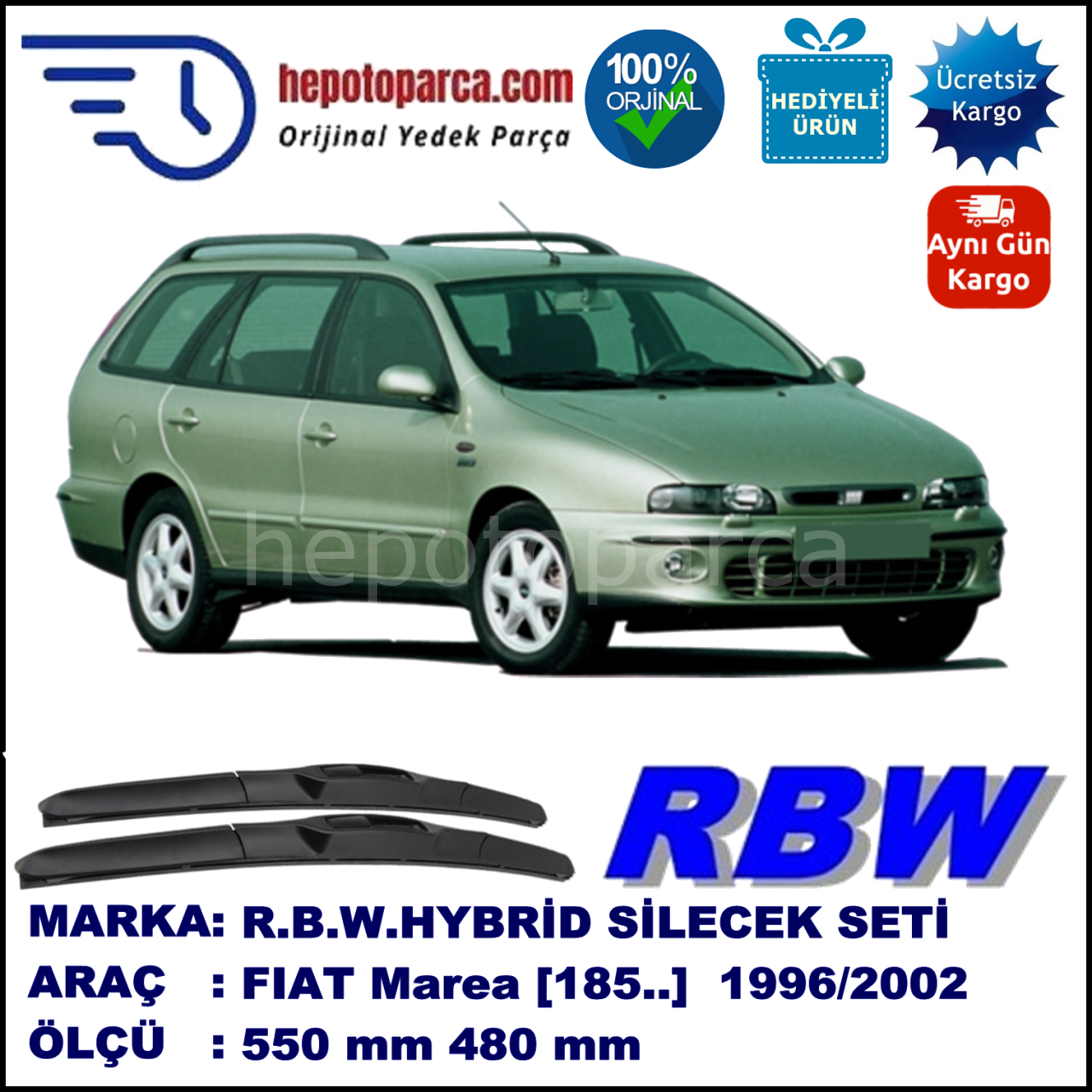 FIAT Marea [185..] 10.96-09.02 550 / 480 mm. RBW Hybrid Silecek Seti. U Kanca Uyumlu Hibrit