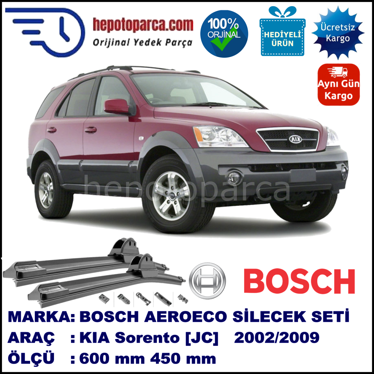 KIA Sorento [JC] 07.2002-08.2009, 600 / 450 mm. BOSCH AEROECO Aparatlı Muz Silecek