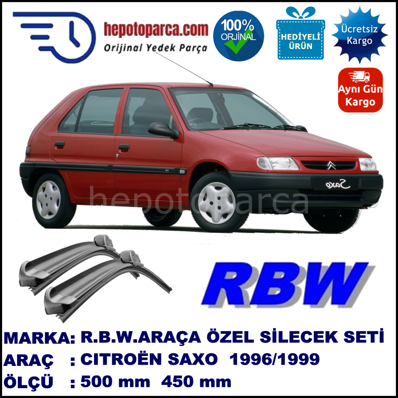 CITROEN Saxo [S8] 02.96-09.99 500 / 450 mm. RBW Muz Silecek Seti  2'li Takım. U Kanca Uyumludur.