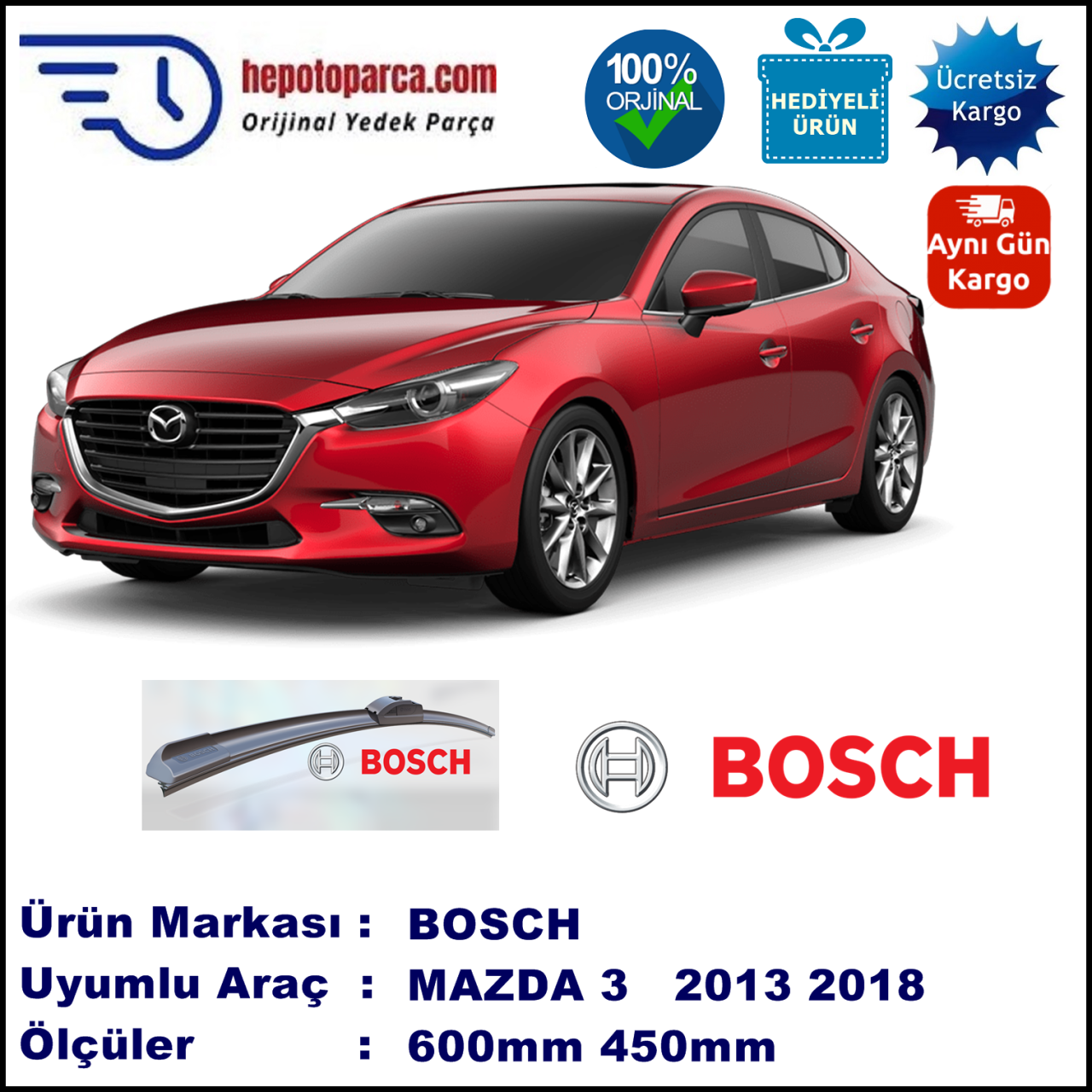 MAZDA 3 [BM] 08.2013-..., 600 / 450 mm. BOSCH AEROECO Aparatlı Muz Silecek
