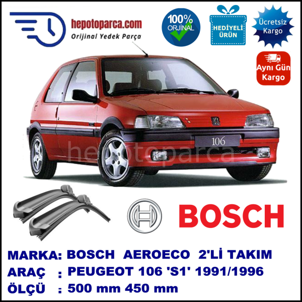 PEUGEOT 106 [S1] 09.1991-04.1996, 500 / 450 mm. BOSCH AEROECO Aparatlı Muz Silecek