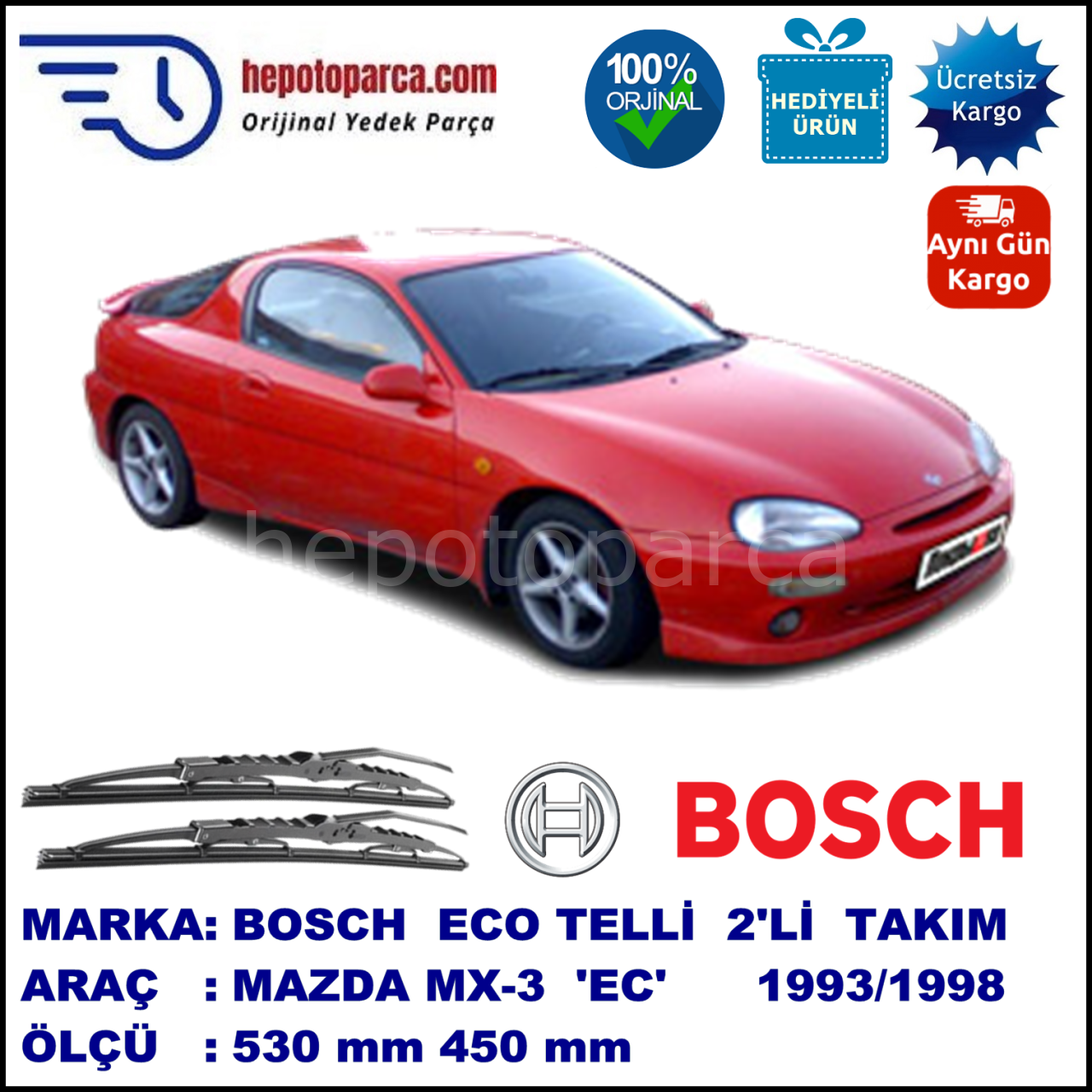 MAZDA MX-3 [EC] 11.93-02.98 530 / 450 mm. BOSCH ECO Telli Silecek 2'li Takım