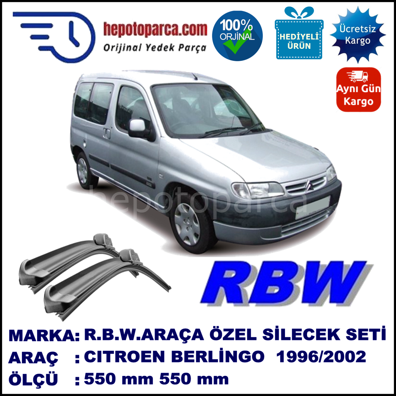 CITROEN Berlingo [M49] 07.96-11.02 550 / 550 mm. RBW Muz Silecek Seti  2'li Takım. U Kanca Uyumludur.