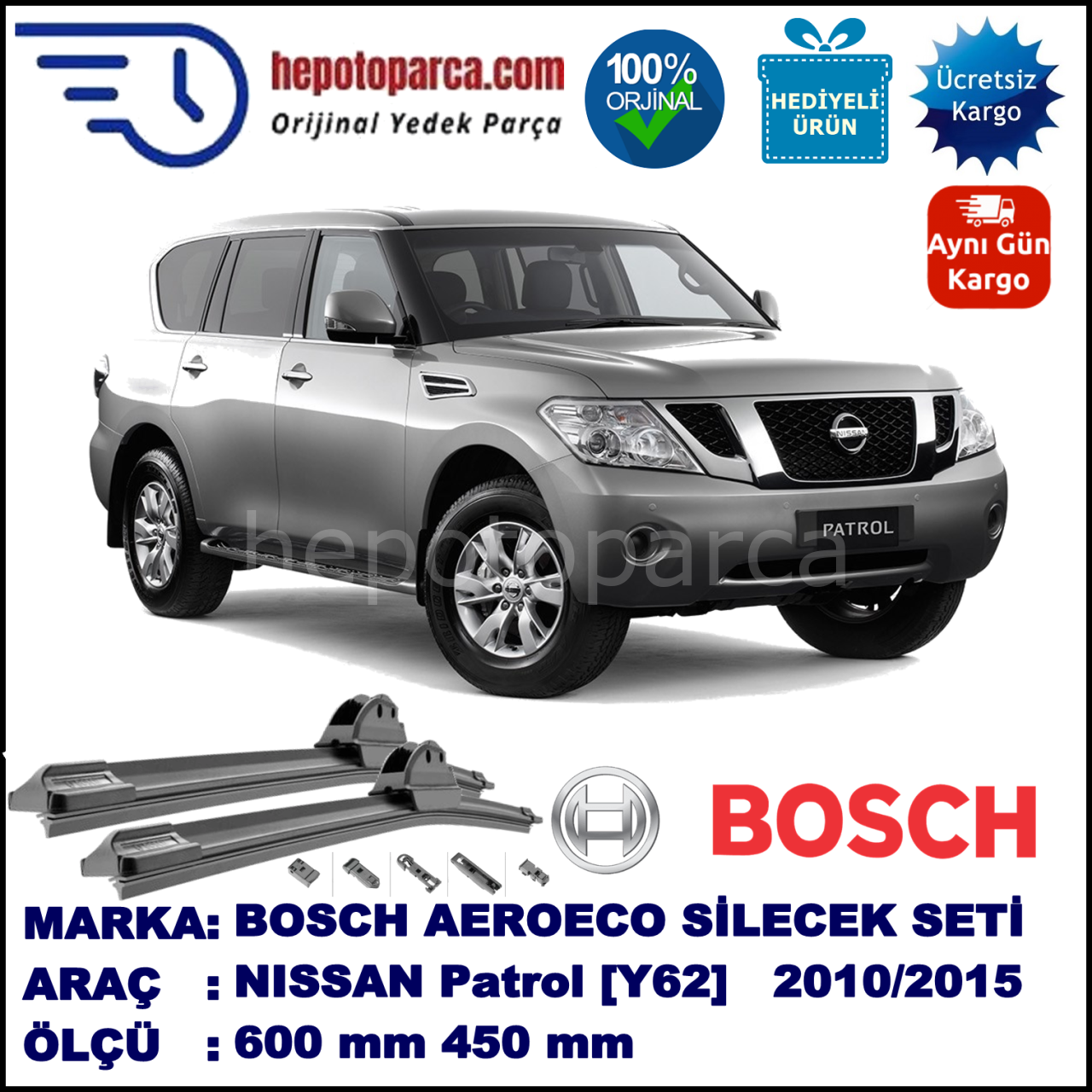 NISSAN Patrol [Y62] 03.2010-..., 600 / 450 mm. BOSCH AEROECO Aparatlı Muz Silecek