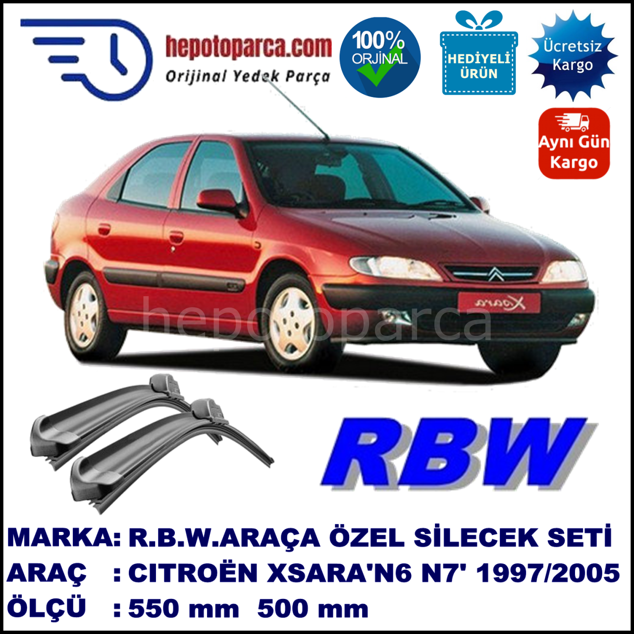 CITROEN Xsara [N6, N7] 07.97-12.05 550 / 500 mm. RBW Muz Silecek Seti  2'li Takım. U Kanca Uyumludur.
