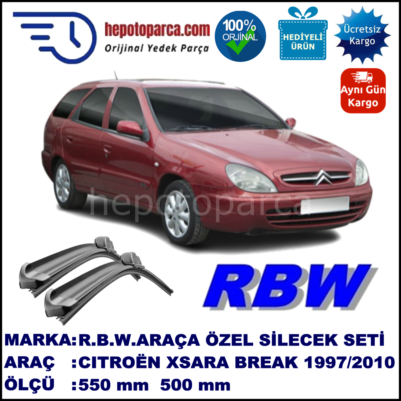 CITROEN Xsara Break [N6, N7] 10.97-03.10 550 / 500 mm. RBW Muz Silecek Seti  2'li Takım. U Kanca Uyumludur.