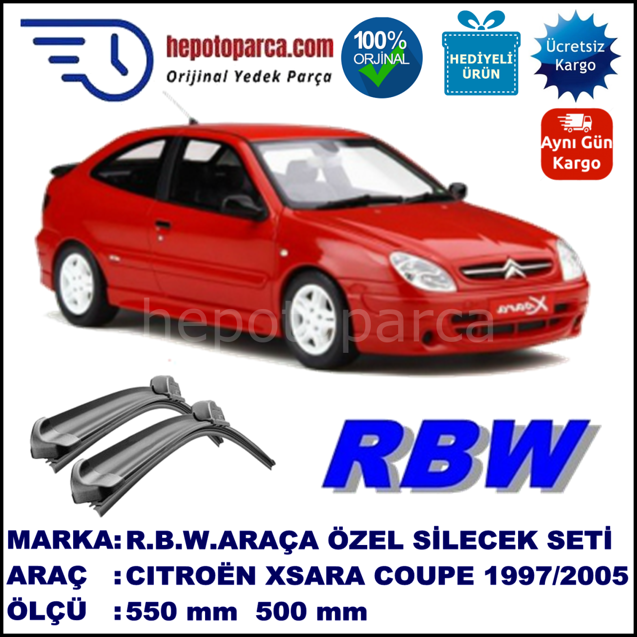 CITROEN Xsara Coupé [N6, N7] 07.97-12.05 550 / 500 mm. RBW Muz Silecek Seti  2'li Takım. U Kanca Uyumludur.