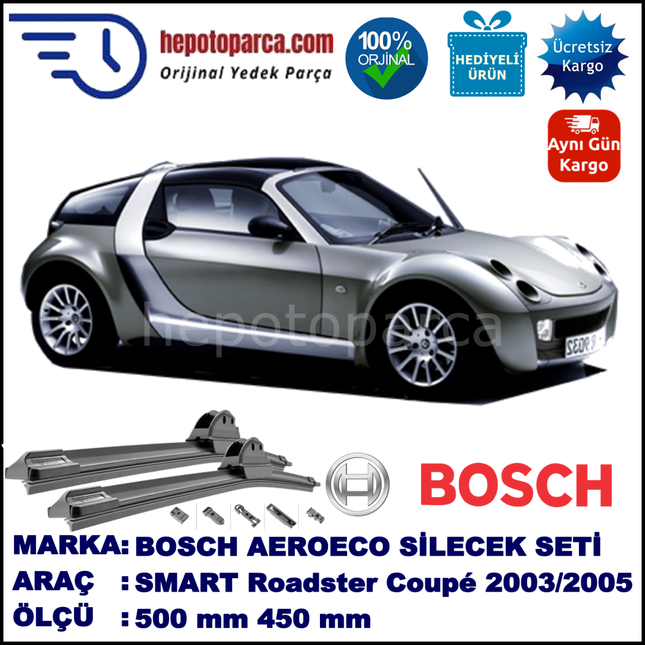 SMART (MCC) Roadster Coupé [452] 04.2003-11.2005, 500 / 450 mm. BOSCH AEROECO Aparatlı Muz Silecek