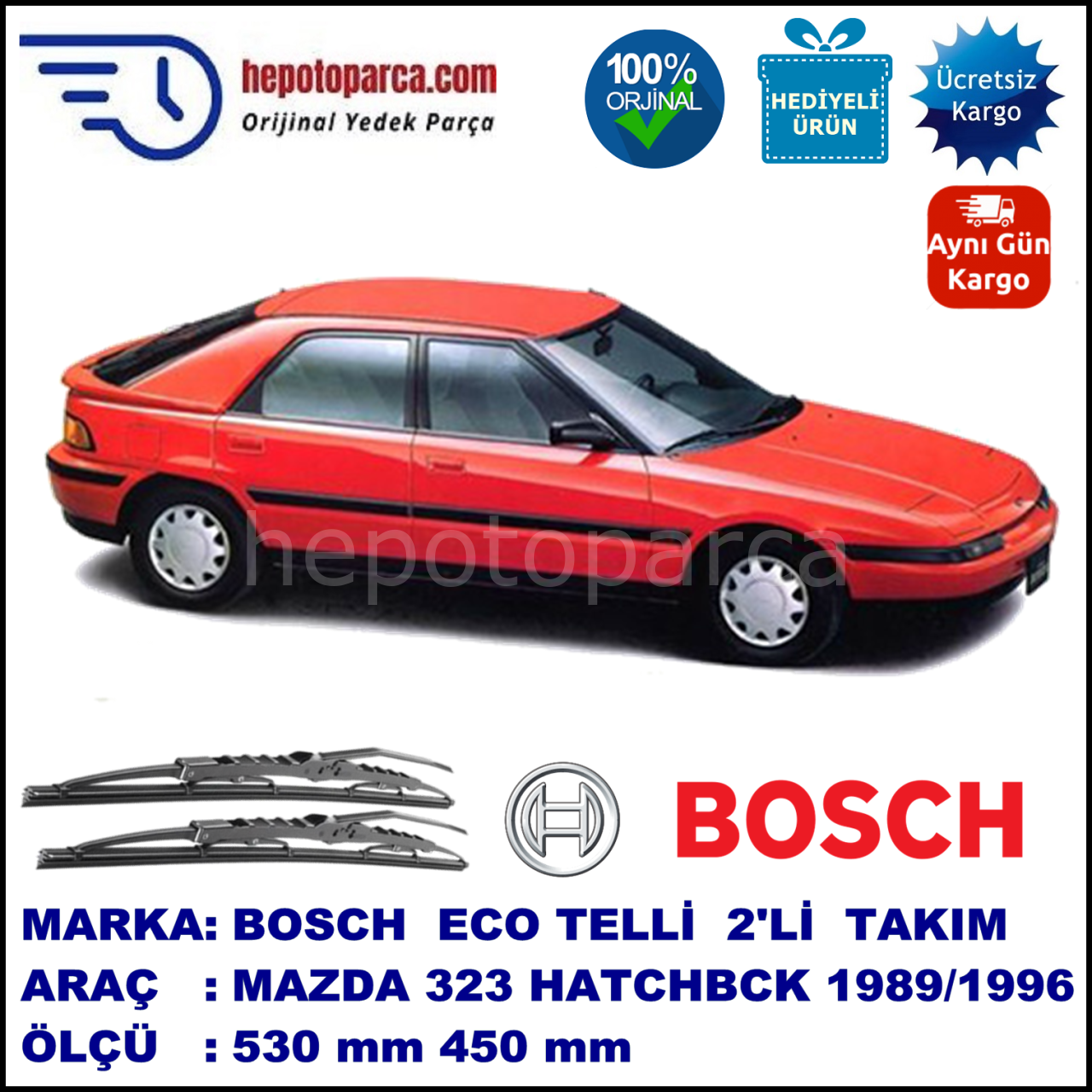 MAZDA 323 Hatchback [BG] 06.89-05.96 530 / 450 mm. BOSCH ECO Telli Silecek 2'li Takım