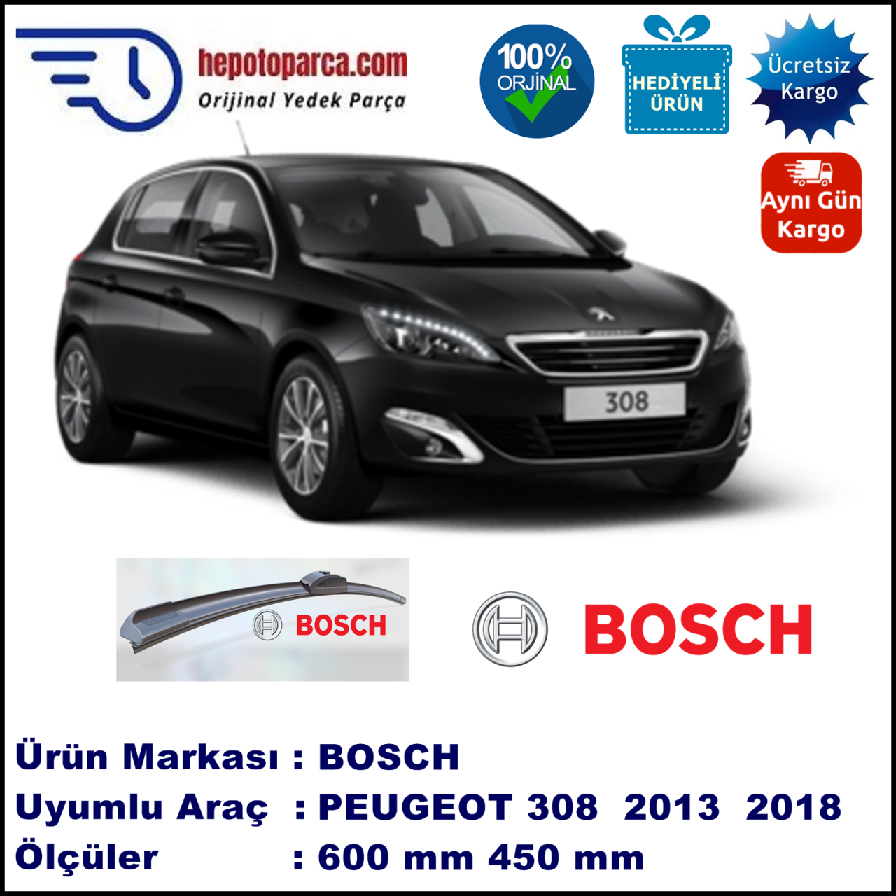 PEUGEOT 308 [T9] 07.2013-..., 600 / 450 mm. BOSCH AEROECO Aparatlı Muz Silecek