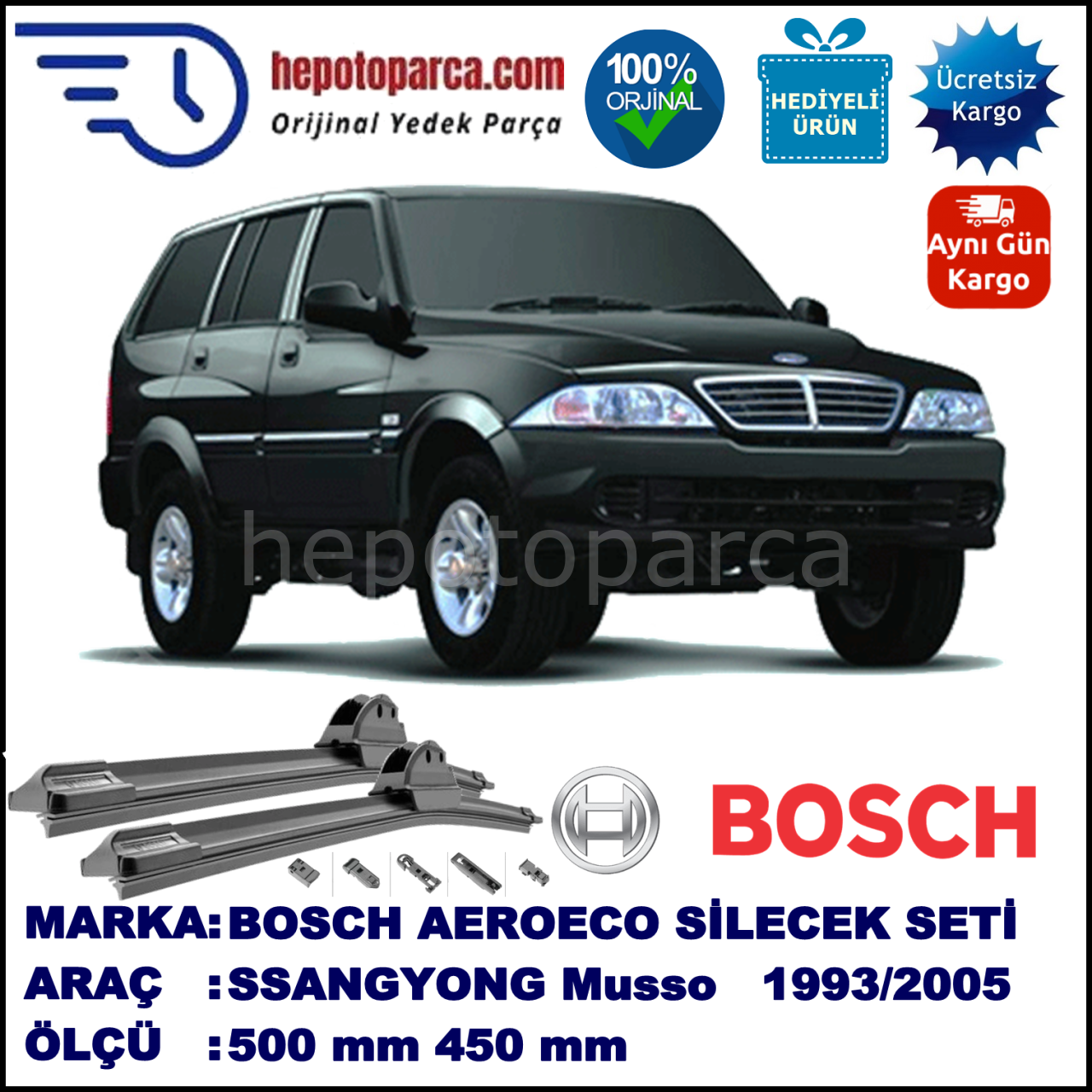 SSANGYONG Musso [MJ] 07.1993-12.2005, 500 / 450 mm. BOSCH AEROECO Aparatlı Muz Silecek