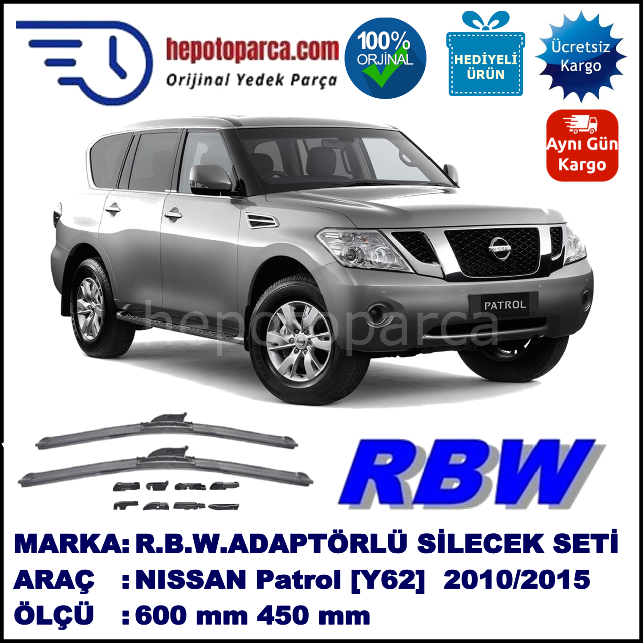 NISSAN Patrol [Y62] 03.2010-..., 600 / 450 mm.  RBW  ADAPTÖRLÜ MUZ SİLECEK SETİ