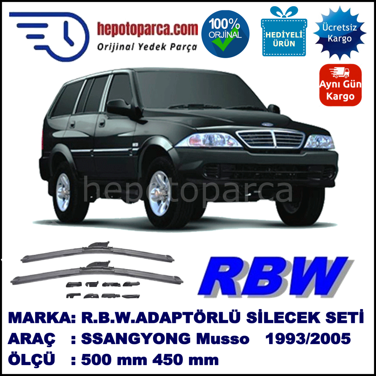 SSANGYONG Musso [MJ] 07.1993-12.2005, 500 / 450 mm.  RBW  ADAPTÖRLÜ MUZ SİLECEK SETİ