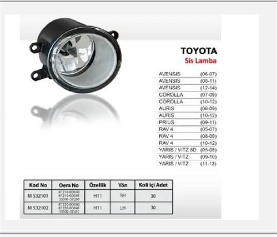 532102 TOYOTA SİS LAMBA SOL H11 AVENSİS COROLLA AURIS PRIUS RAV 4 YARIS/VITZ 5D