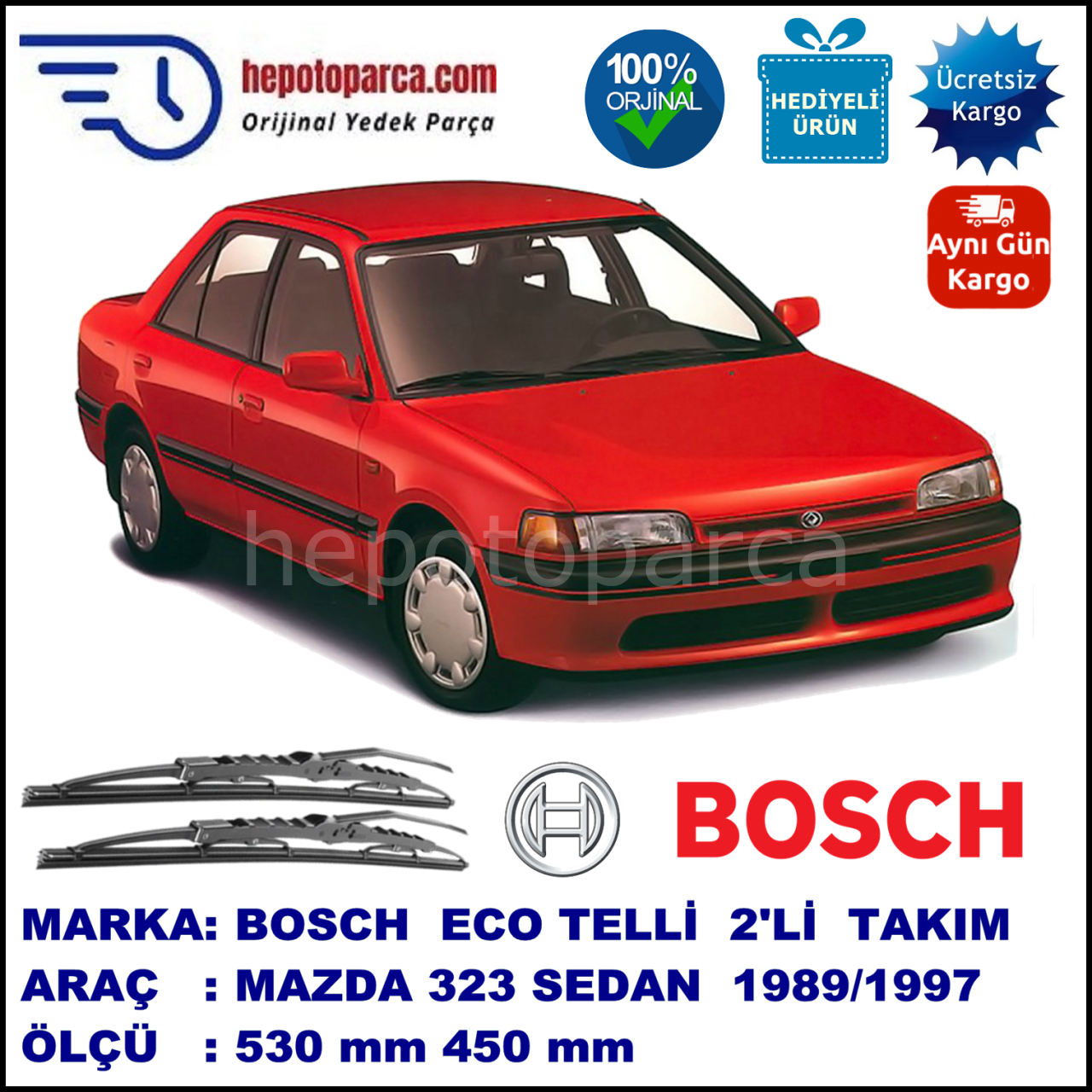 MAZDA 323 Sedan [BG] 06.89-02.97 530 / 450 mm. BOSCH ECO Telli Silecek 2'li Takım