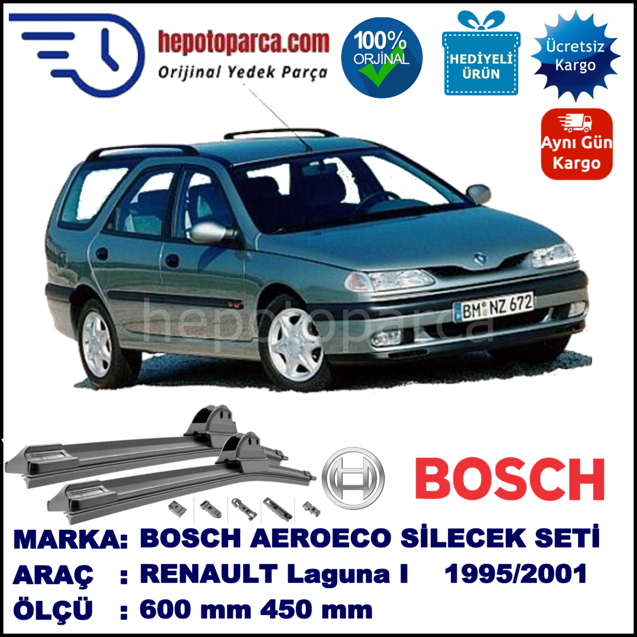 RENAULT Laguna I Grandtour [A56; K56; S56] 02.1995-02.2001, 600 / 450 mm. BOSCH AEROECO Aparatlı Muz Silecek