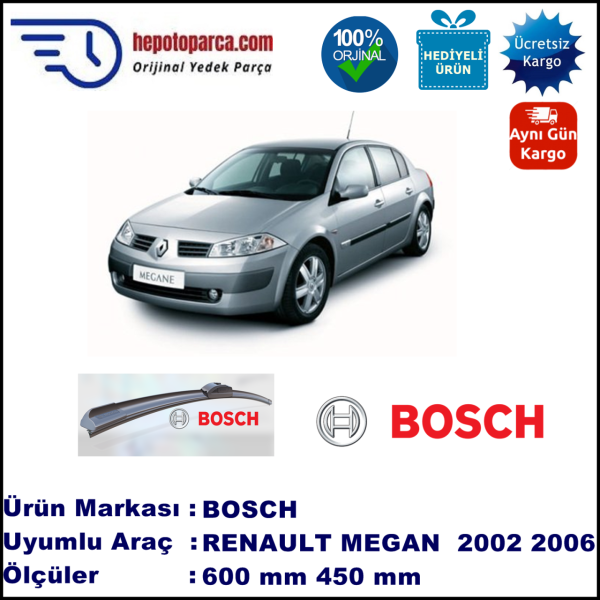 RENAULT Megane II [LM] 09.2002-01.2006, 600 / 450 mm. BOSCH AEROECO Aparatlı Muz Silecek