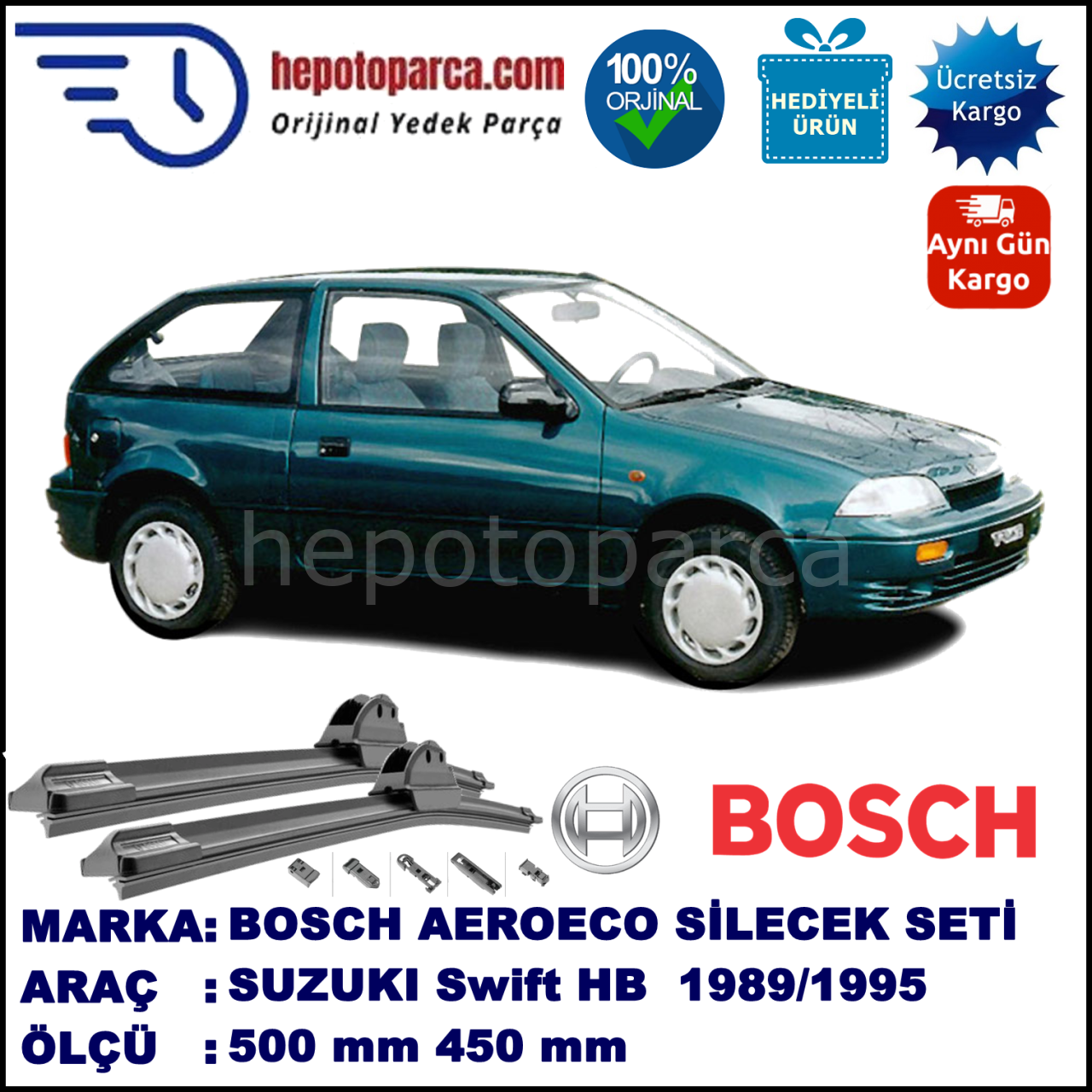 SUZUKI Swift Hatchback [EA] 01.1989-09.1995, 500 / 450 mm. BOSCH AEROECO Aparatlı Muz Silecek