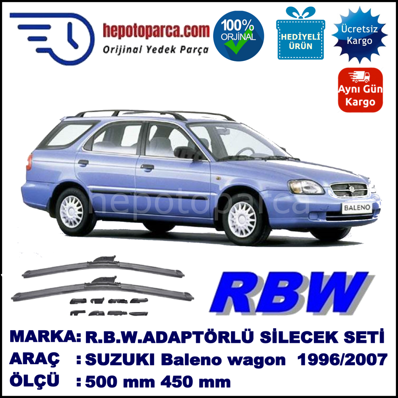 SUZUKI Baleno Wagon  08.1996-09.2007, 500 / 450 mm.  RBW  ADAPTÖRLÜ MUZ SİLECEK SETİ