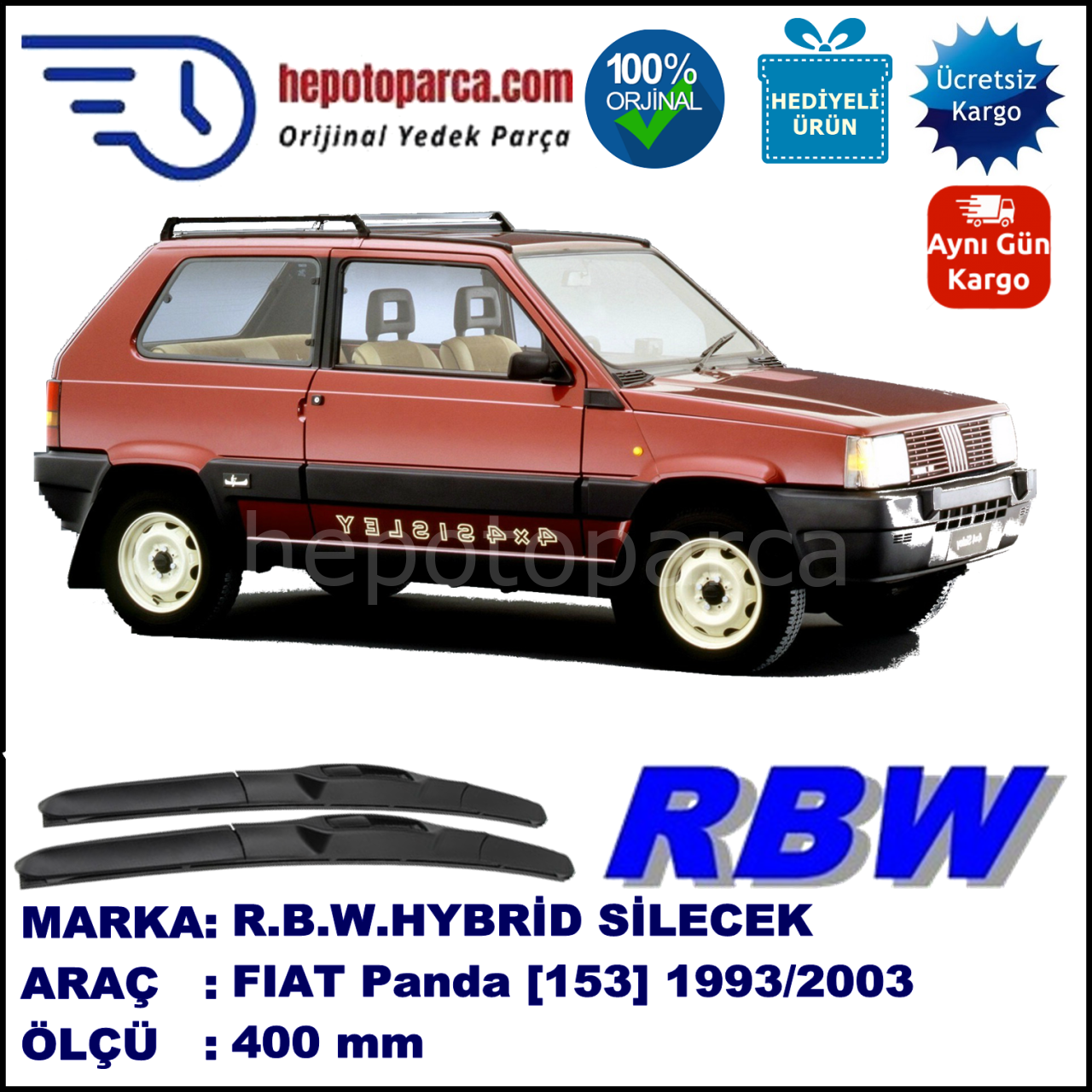 FIAT Panda [153..] 01.93-09.03 400 /  mm. RBW Hybrid Silecek. U Kanca Uyumlu Hibrit