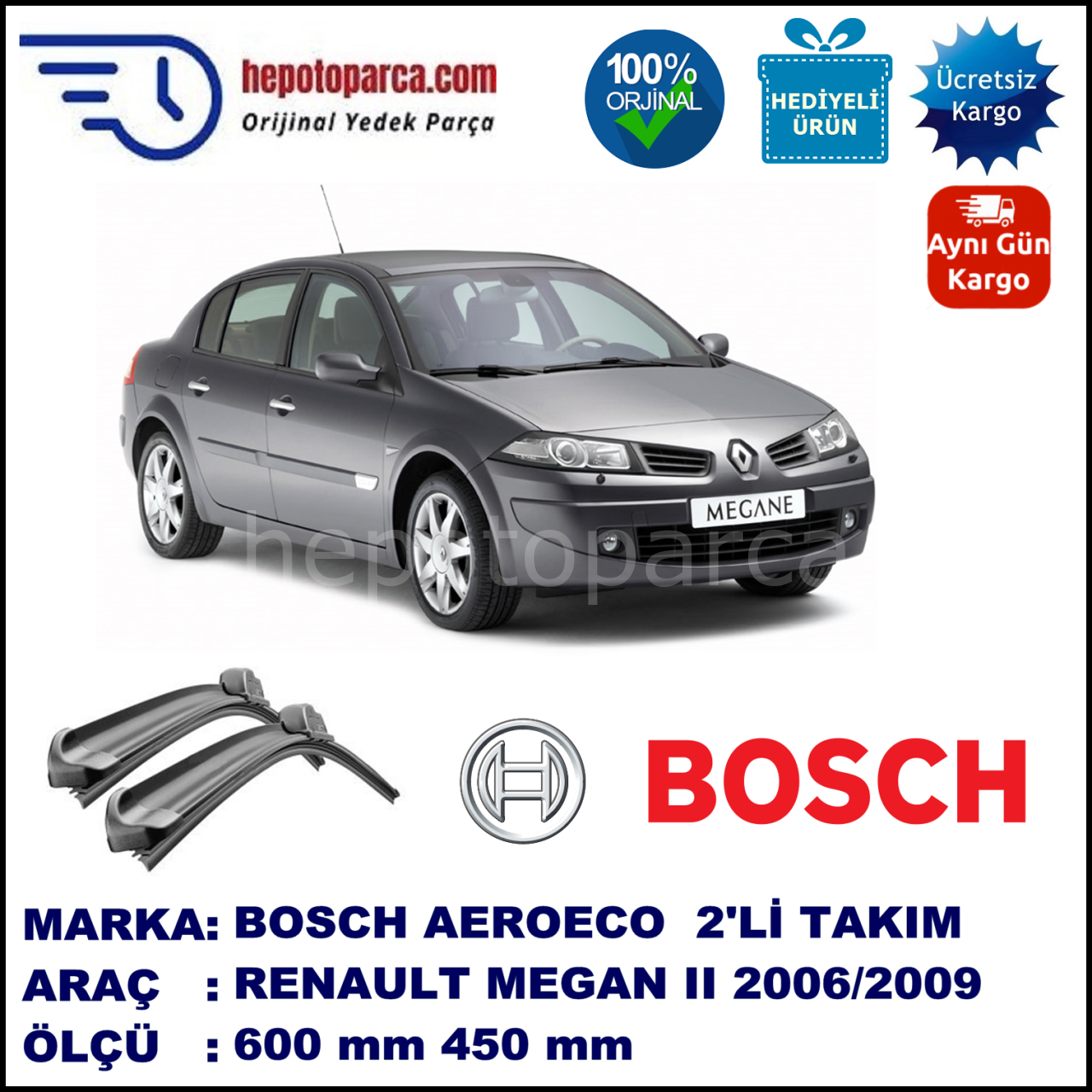 RENAULT Megane II [LM] 02.2006-10.2009, 600 / 450 mm. BOSCH AEROECO Aparatlı Muz Silecek