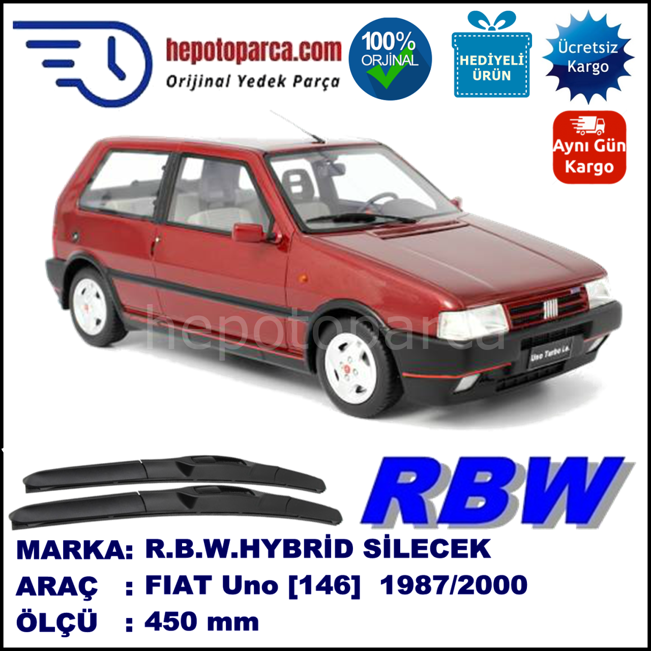 FIAT Uno [146..] 09.87-12.00 450 /  mm. RBW Hybrid Silecek. U Kanca Uyumlu Hibrit