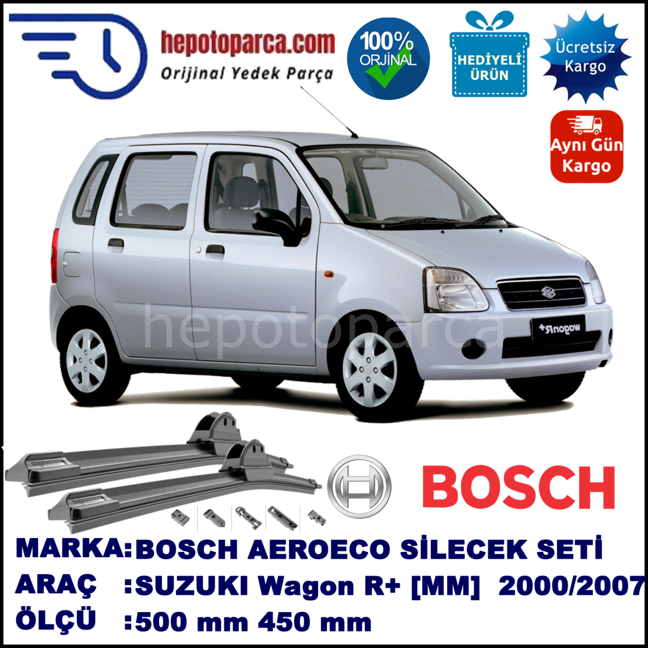 SUZUKI Wagon R+ [MM] 05.2000-..., 500 / 450 mm. BOSCH AEROECO Aparatlı Muz Silecek