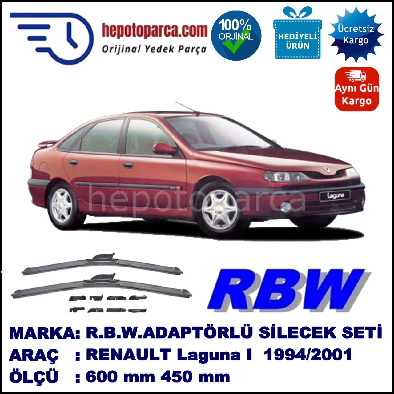 RENAULT Laguna I [B56; 556] 01.1994-03.2001, 600 / 450 mm.  RBW  ADAPTÖRLÜ MUZ SİLECEK SETİ