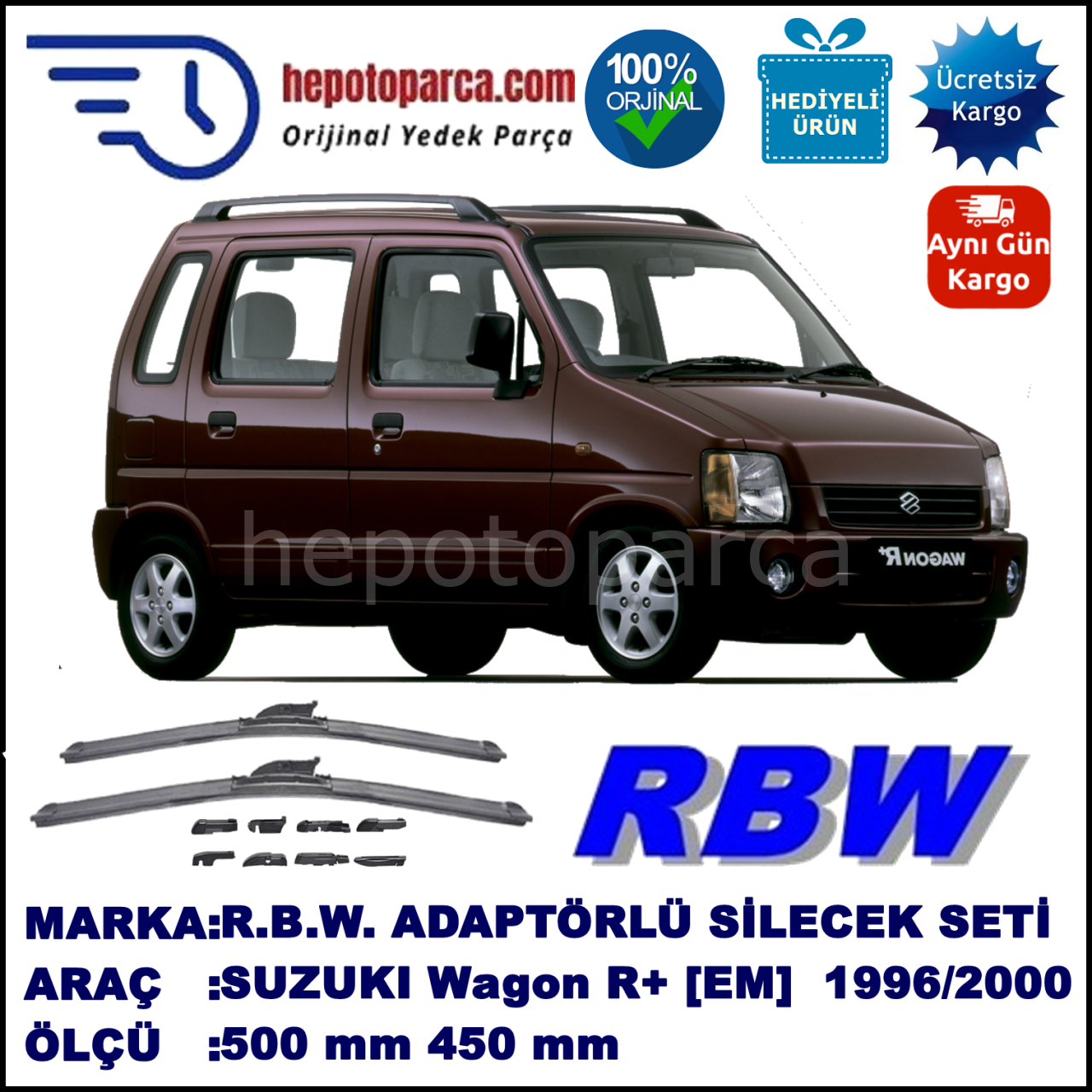 SUZUKI Wagon R+ [EM] 10.1996-05.2000, 500 / 450 mm.  RBW  ADAPTÖRLÜ MUZ SİLECEK SETİ