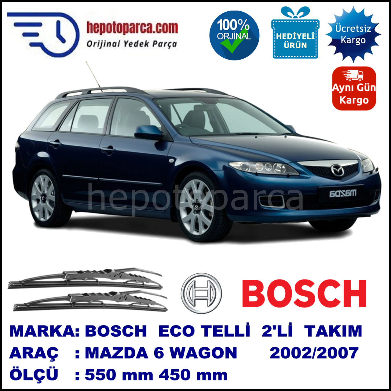MAZDA 6 Wagon [GG/GY] 06.02-12.07 550 / 450 mm. BOSCH ECO Telli Silecek 2'li Takım