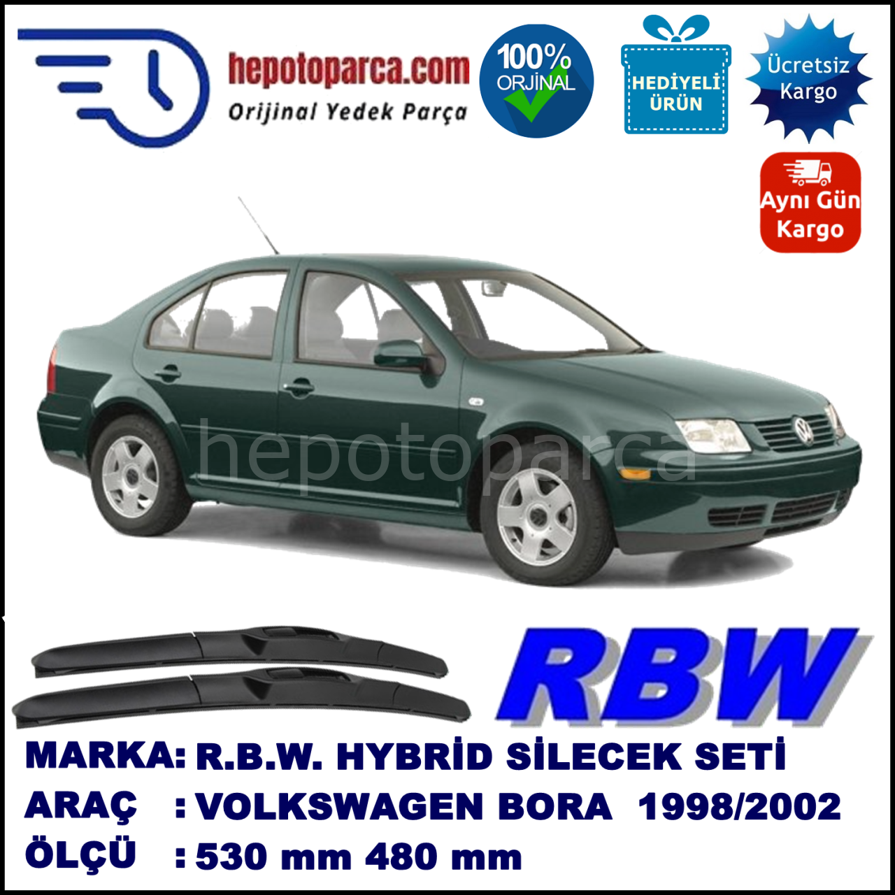 VW Bora [1J2] 09.98-05.02 530 / 480 mm. RBW Hybrid Silecek Seti. U Kanca Uyumlu Hibrit