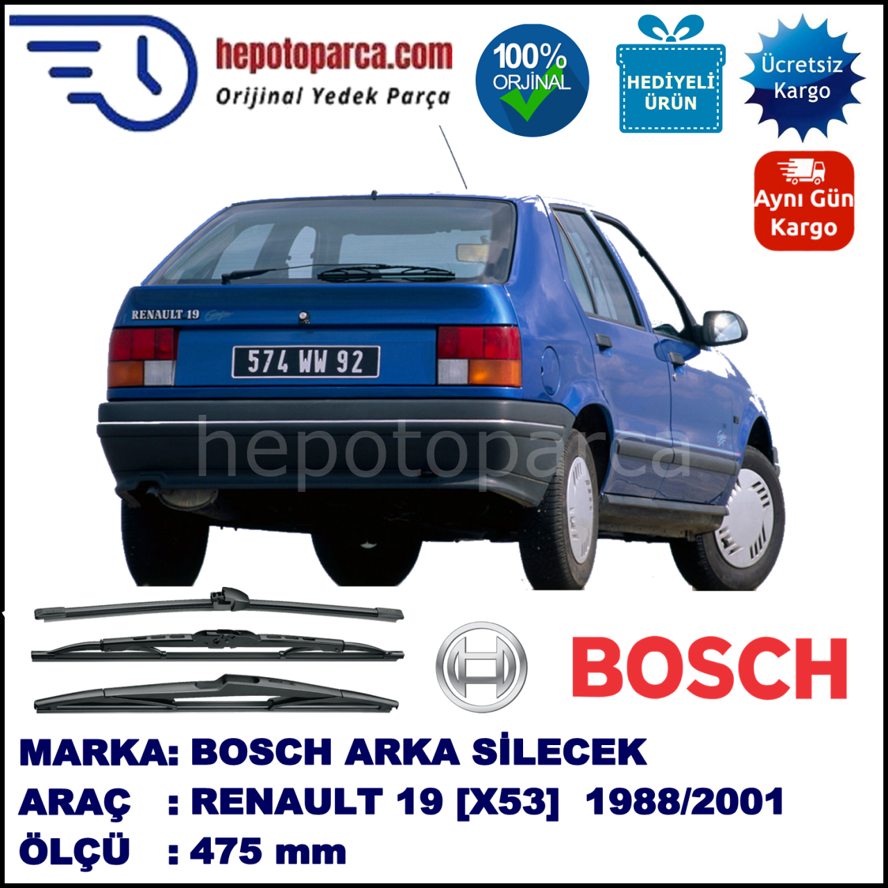 RENAULT 19 [X53] 475 mm 09.1988-12.2001 BOSCH Arka Silecek