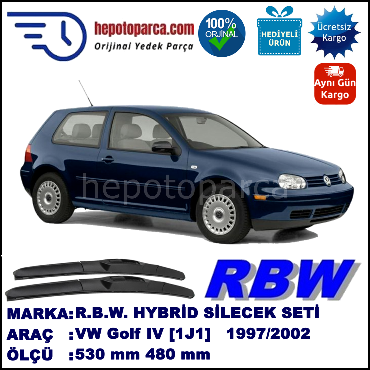 VW Golf IV [1J1] 10.97-05.02 530 / 480 mm. RBW Hybrid Silecek Seti. U Kanca Uyumlu Hibrit