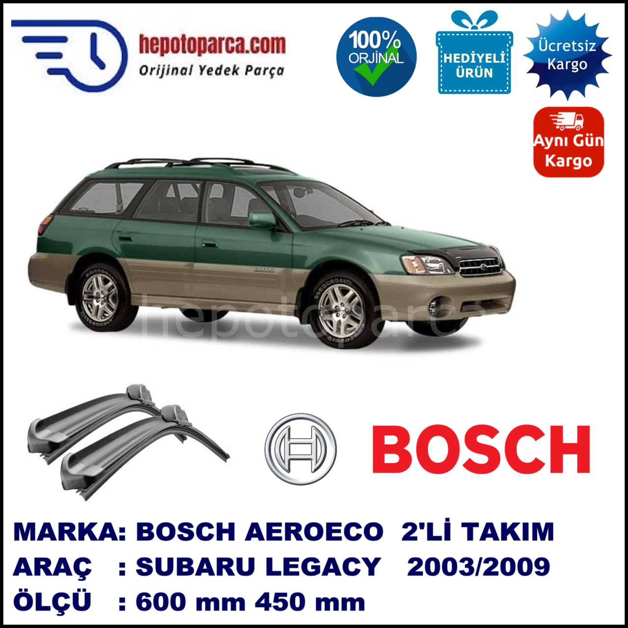 SUBARU Legacy Outback [BL/BP] 07.2003-05.2009, 600 / 450 mm. BOSCH AEROECO Aparatlı Muz Silecek