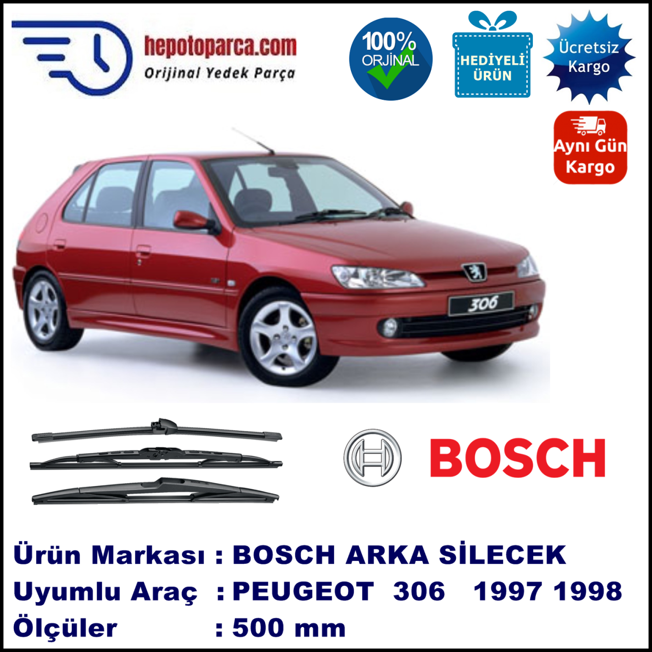 PEUGEOT 306 [N5] 500 mm 05.1997-12.1998 BOSCH Arka Silecek