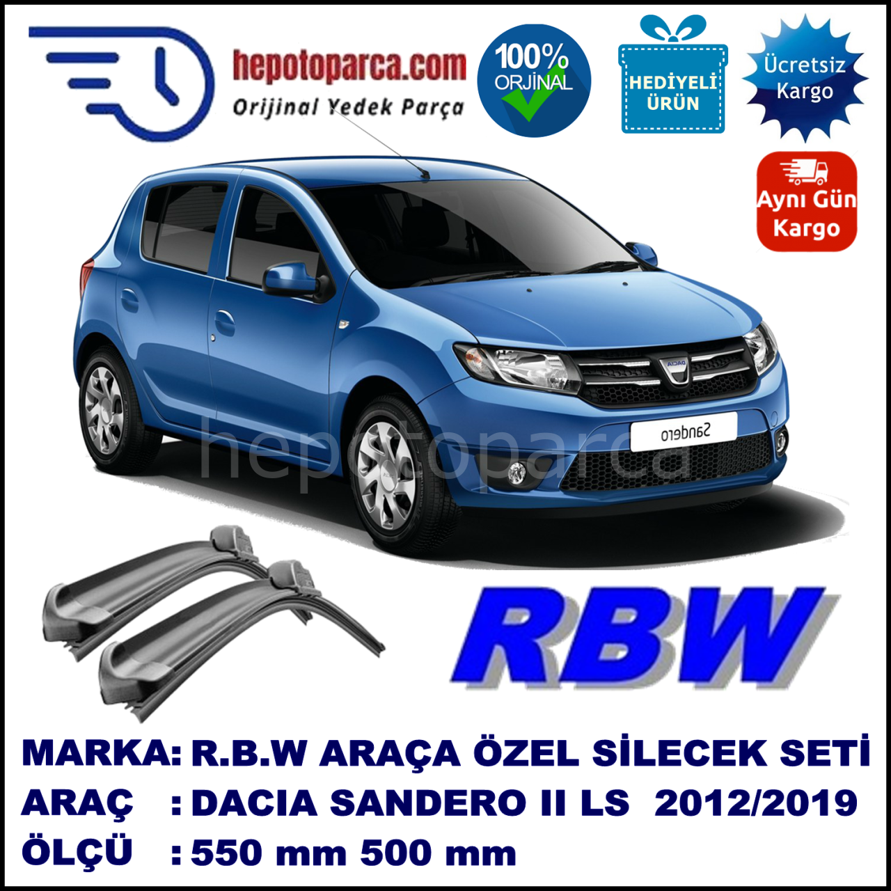 DACIA Sandero II [L8] 08.12-... 550 / 500 mm. RBW Muz Silecek Seti  2'li Takım. U Kanca Uyumludur.