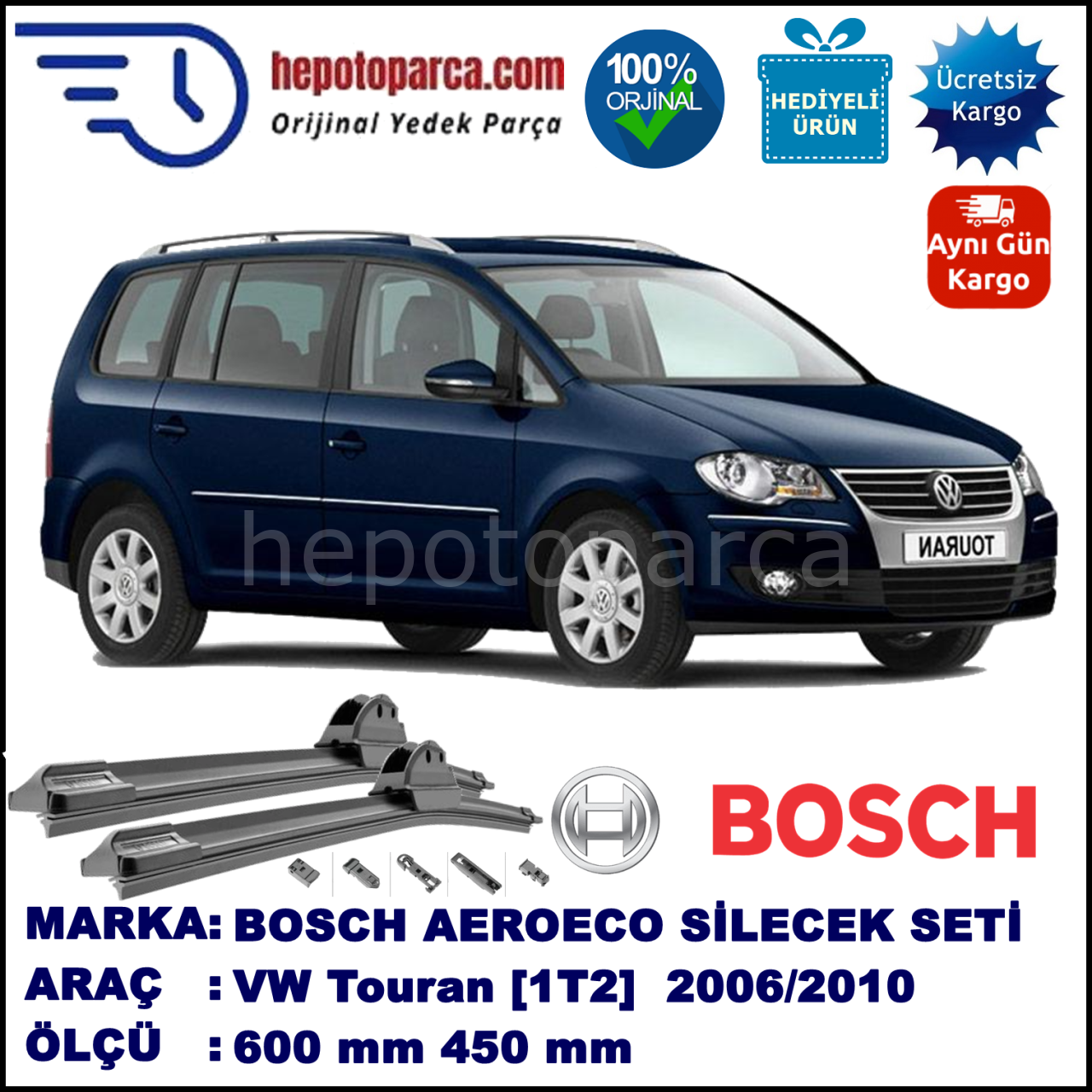 VW Touran [1T2] 11.2006-05.2010, 600 / 450 mm. BOSCH AEROECO Aparatlı Muz Silecek
