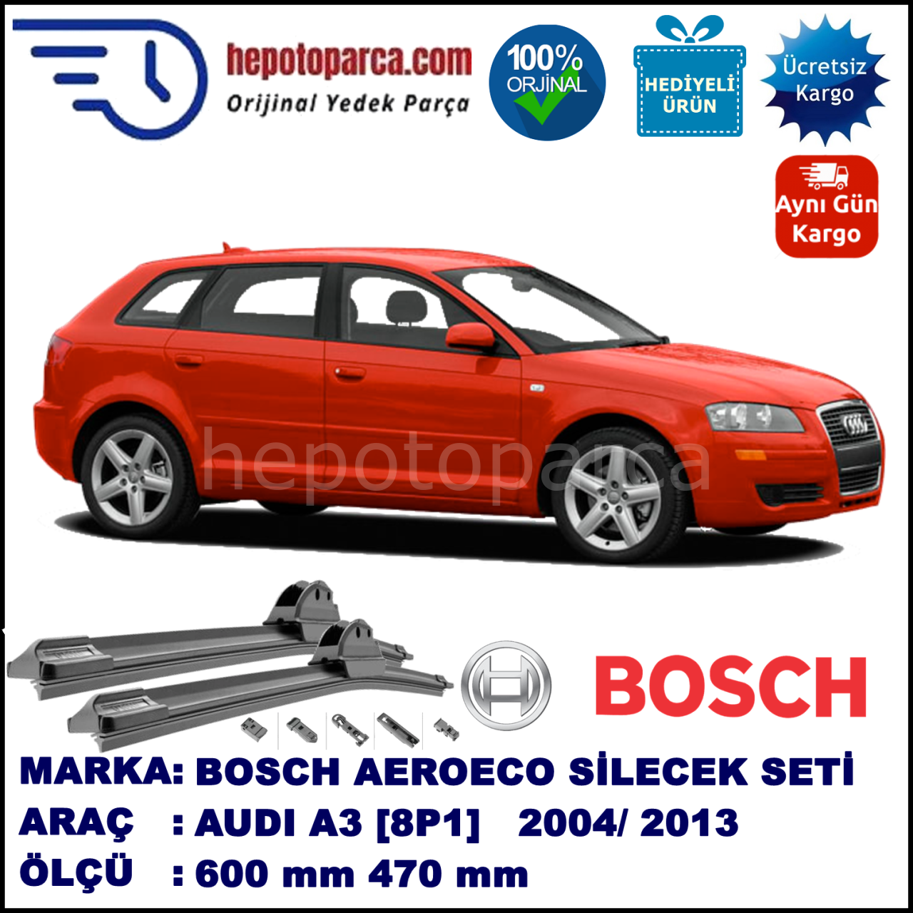 AUDI A3 [8P1] 12.2004-03.2013, 600 / 470 mm. BOSCH AEROECO Aparatlı Muz Silecek
