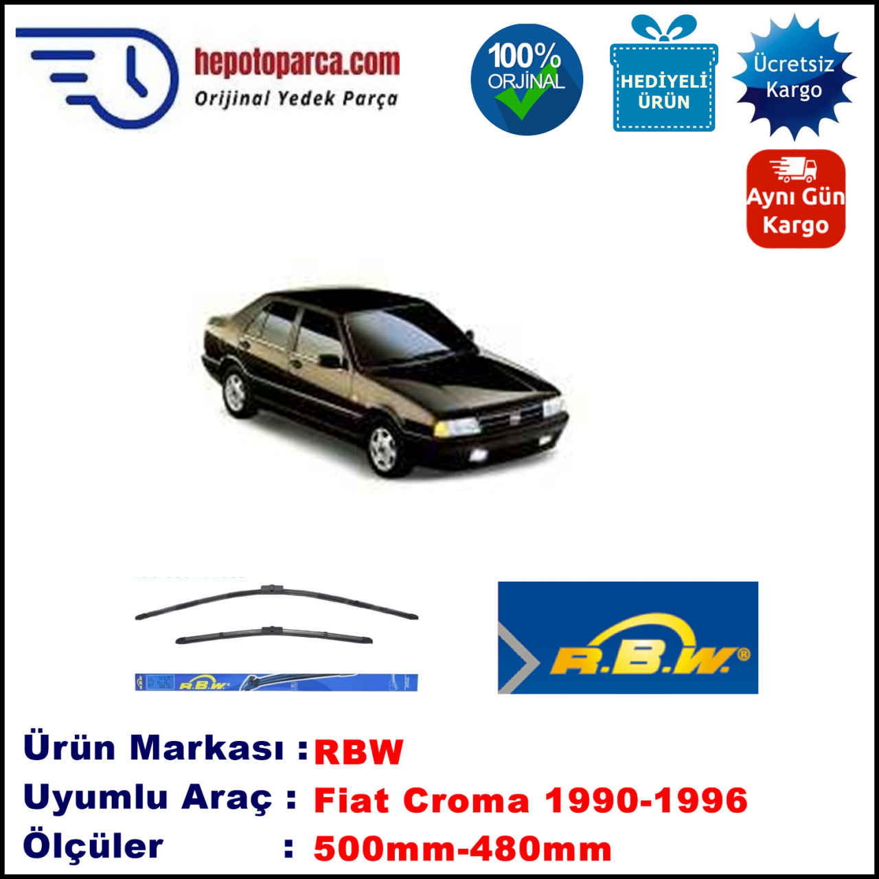 FIAT Croma [154..] 07.1990-12.1996, 500 / 470 mm.  RBW  ADAPTÖRLÜ MUZ SİLECEK SETİ