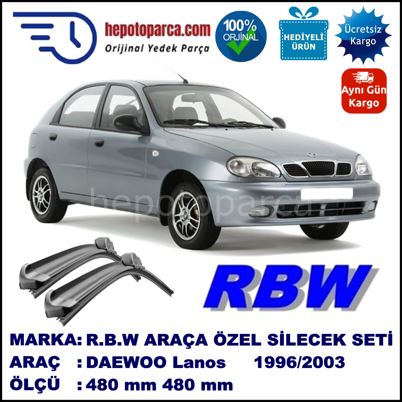 DAEWOO Lanos Hatchback [KLAT] 11.96-09.03 480 / 480 mm. RBW Muz Silecek Seti  2'li Takım. U Kanca Uyumludur.