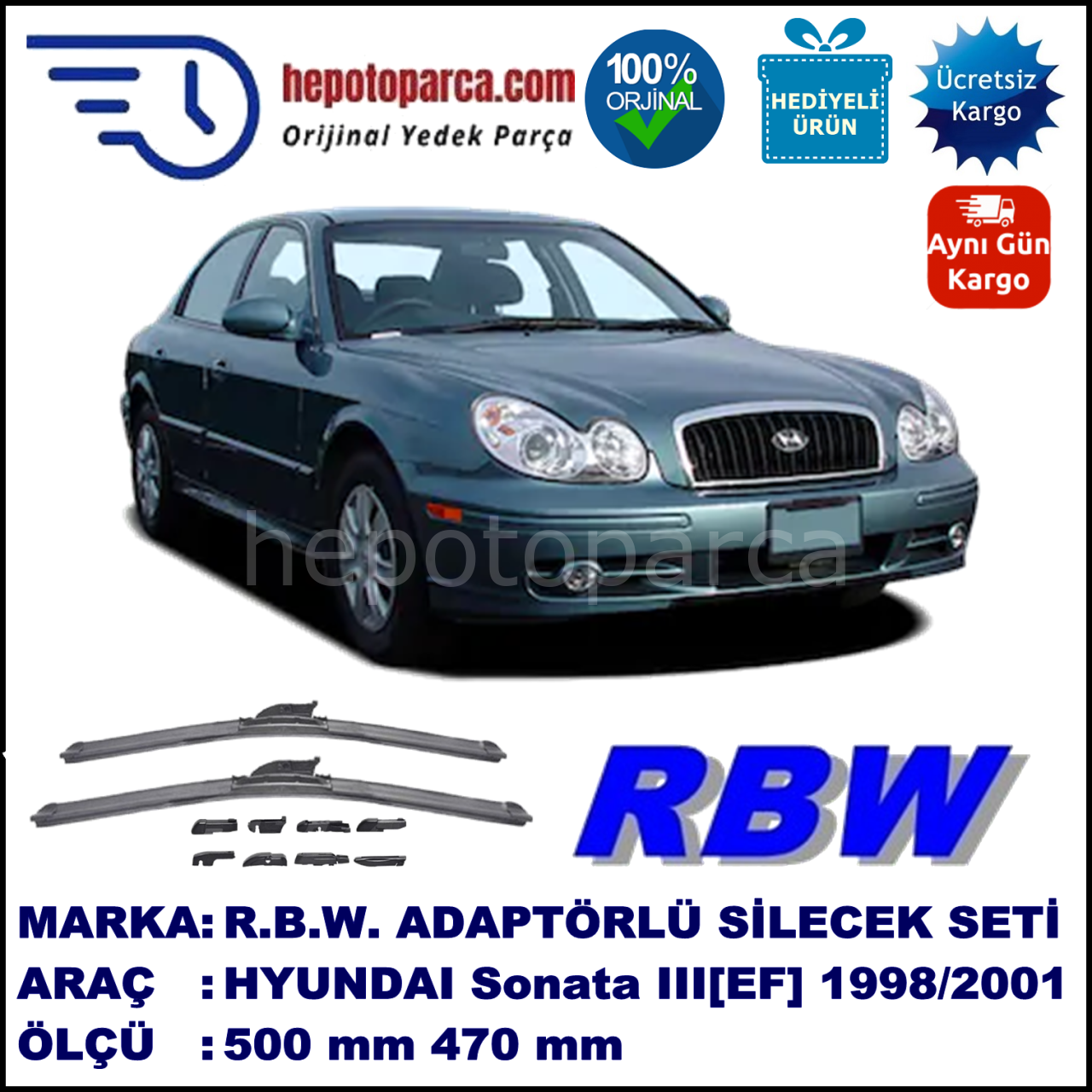 HYUNDAI Sonata 3  III [EF] 03.1998-03.2001, 500 / 470 mm.  RBW  ADAPTÖRLÜ MUZ SİLECEK SETİ