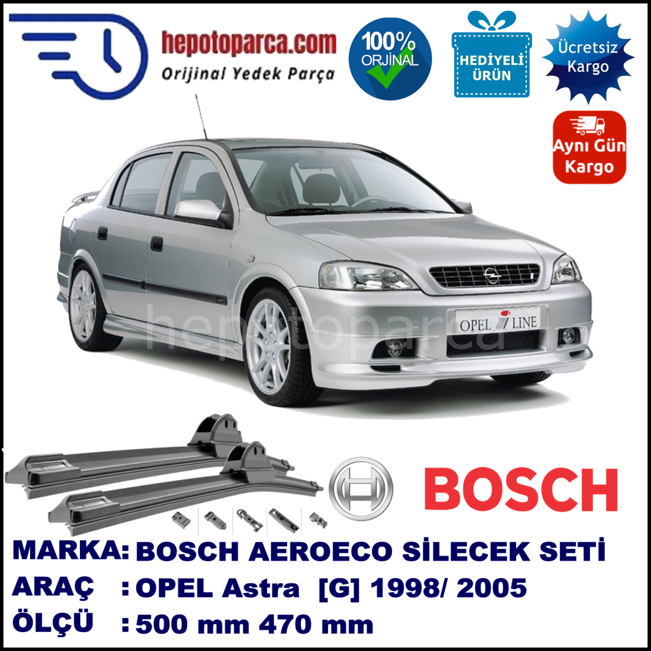 OPEL Astra [G] 03.1998-01.2005, 500 / 470 mm. BOSCH AEROECO Aparatlı Muz Silecek
